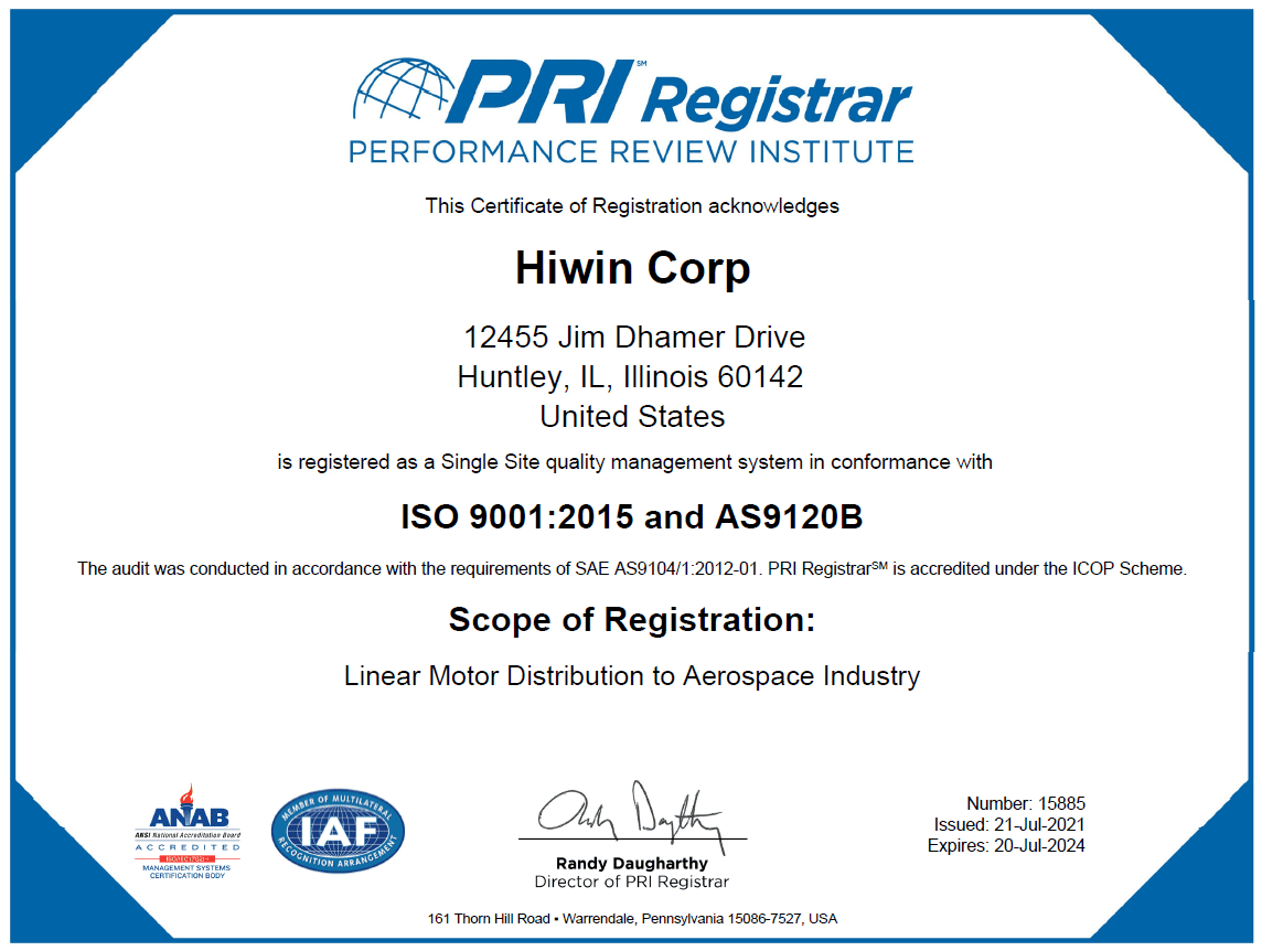 Huntley Illinois facility acquired ISO 9001:2015 and AS9120B Certifications by PRI Registrar